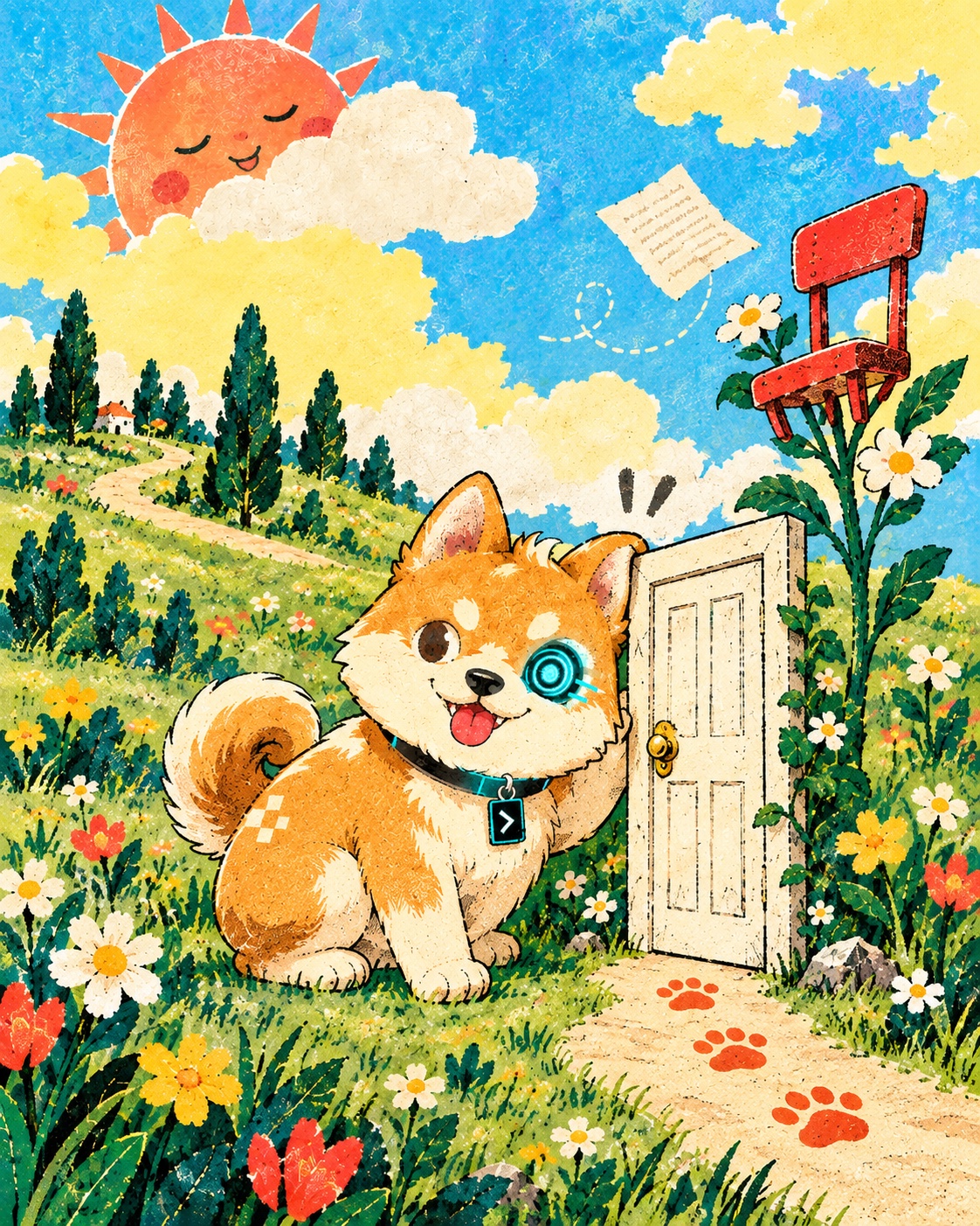 HALLUCINU listening at a mysterious door in a field